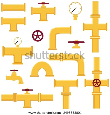 A set of industrial pipelines. Oil, water or gas pipeline with fittings and valves. Isolated vector illustration