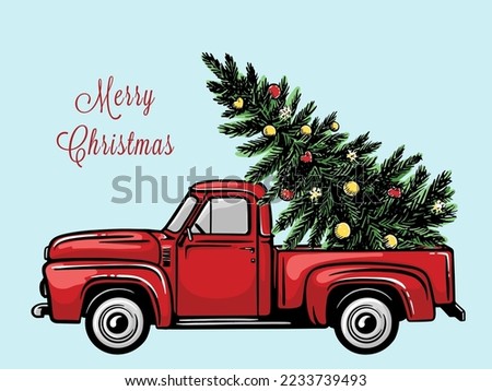 Red car with a Christmas tree. Hand drawn vector illustration.