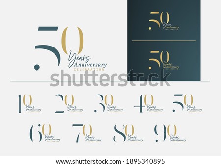 Set of anniversary logotype with minimalism gold, silver and blue color style for celebration event. Vector Template Design Illustration.
