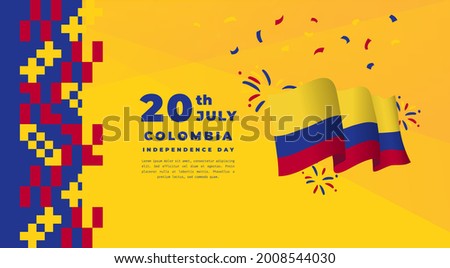 Banner illustration of Colombia independence day celebration. Waving flag and hands clenched. Vector illustration.