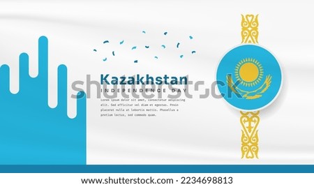 Banner illustration of Kazakhstan independence day celebration with text space. Waving flag and hands clenched. Vector illustration.