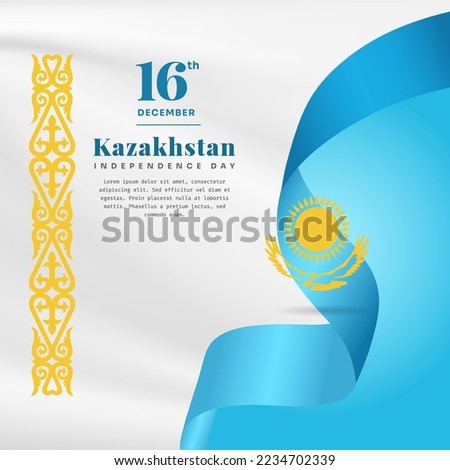 Square Banner illustration of Kazakhstan independence day celebration with text space. Waving flag and hands clenched. Vector illustration.