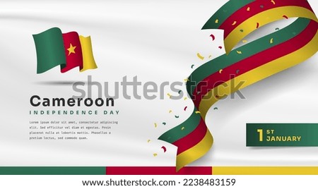 Banner illustration of Cameroon independence day celebration with text space. Waving flag and hands clenched. Vector illustration.