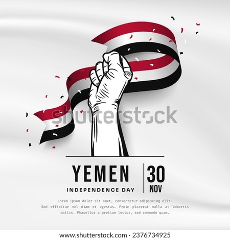 Square Banner illustration of Yemen independence day celebration with text space. Waving flag and hands clenched. Vector illustration.