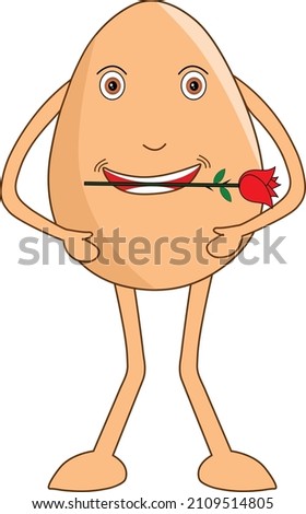 Romantic egg cartoon waiting for her valentine with a rose on his mouth. Vector Illustration. 