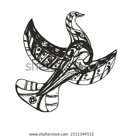 Ornamental flying bird, black and white image.