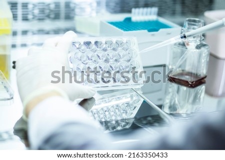 biology medicine and medical laboratory photo and cell culturing multi well plate and pipette safety cabinet 商業照片 © 