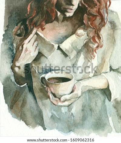close up watercolor illustration of a girl with a cup of coffee 
