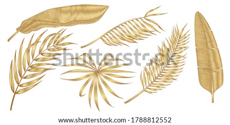 Golden tropical leaves on white background. Elegant exotic decoration  for cosmetics, spa, perfume, health care products,  tourist agency, summer party invitation, aroma.