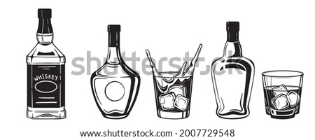 alcohol drinks bottles engraving vector set. Vodka, whiskey and cognac. Isolated black and white vintage style .