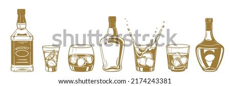 alcohol drinks bottles engraving vector set. Vodka, whiskey and cognac. Isolated vintage style .