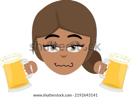 Vector illustration of the face of a drunken brunette woman cartoon with beers in her hands