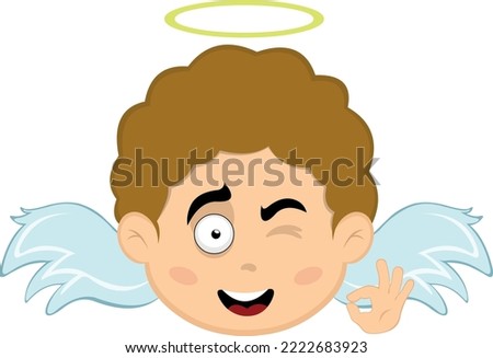 Vector illustration of the face of a cartoon angel boy with a happy expression, winking and making an ok or perfect gesture with his hand