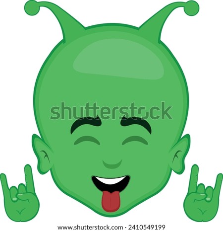 vector illustration face alien or extraterrestrial cartoon making the classic heavy metal gesture with hands and tongue out