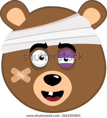 vector illustration face character brown bear grizzly injured cartoon, with bandages on his head, a black eye and a single tooth