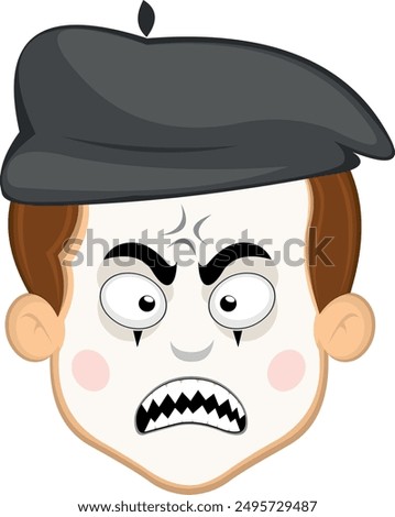 vector illustration face character of street artist mime cartoon, fury expression with a vein in his head and sharp teeth