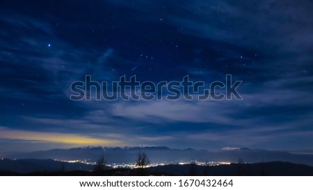 Starry sky and night view from the mountain in the Southern Alps