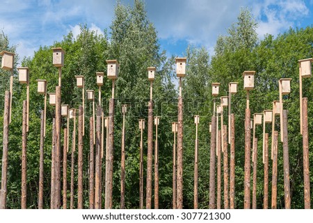 A group of bird nesting boxes raised on wooden poles. Concept of leaving in a community.