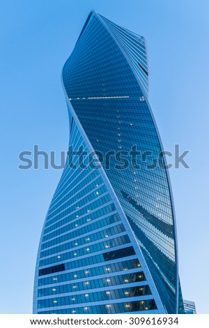 MOSCOW, RUSSIA â?? JULY 13: The Evolution Tower of Moscow International Business Center on July 13, 2015 in Moscow. Built in 2015, design inspired by the Cathedral of St. Vasily the Blessed.