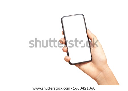 Beautiful female hand with sunlight holding modern mobile phone white screen isolated on white background