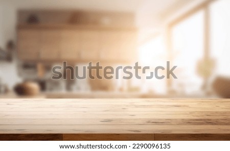 Empty beautiful wood table  top counter  and blur bokeh modern kitchen interior background in clean and bright,Banner, Ready for product montage Foto d'archivio © 