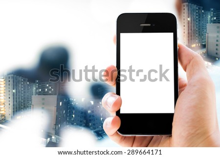 Close-up Hand holding white screen smart phone with double expose of  business people in conference room  background