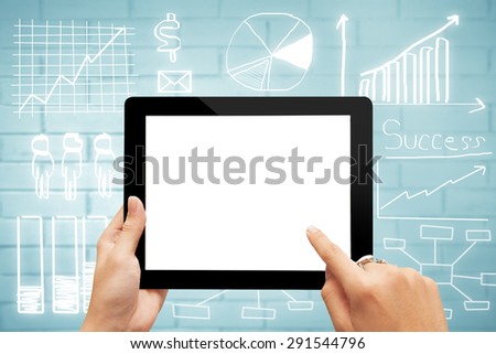 Close-up digital tablet with blank screen against drawing business plan concept,mobile strategy, business finance concept.