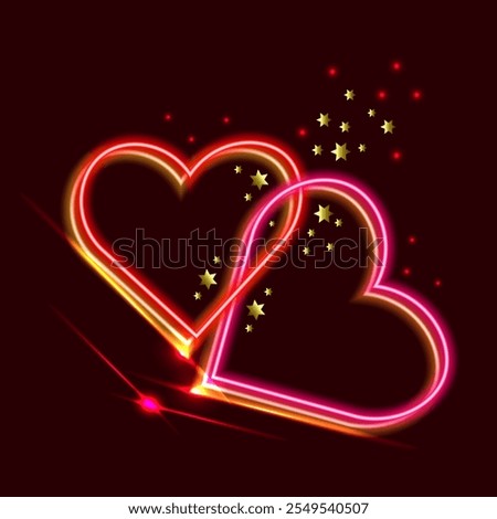 Vector graphics. On a dark background, two intertwined neon hearts. Around glowing stars and lights.