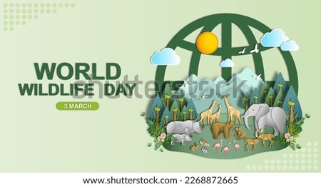 World wildlife day, Wild animals and Natural botanical paper art style, Environment conservation, National park, Sustainable of Ecology concept, Think green nature, Save the planet and Eco friendly.