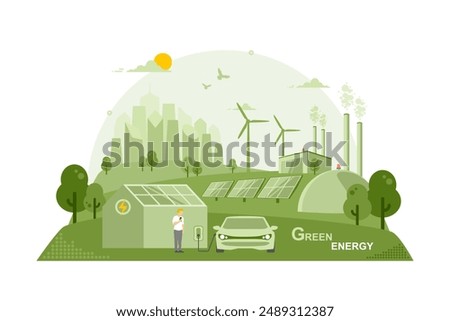 Caring for the environment and using clean green energy, Renewable energy sources net zero emission concept, Electric vehicle Technology, Wind power generator and Photovoltaics system industrial.