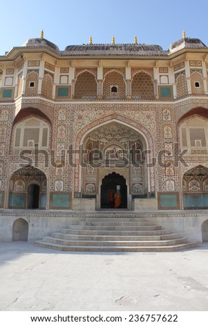 JAIPUR, INDIA - NOV 30: Facade of the Ganesh Pol building inside the Amber Fort, the main touristic attraction in Jaipur, on November 30 2012.