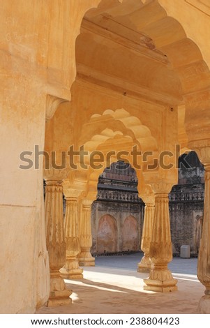 AMER, INDIA - NOV 30 2012: Arched doorway architectural detail on the Amber Fort near Jaipur, in the Rajasthan State of India, on November 30 2012
