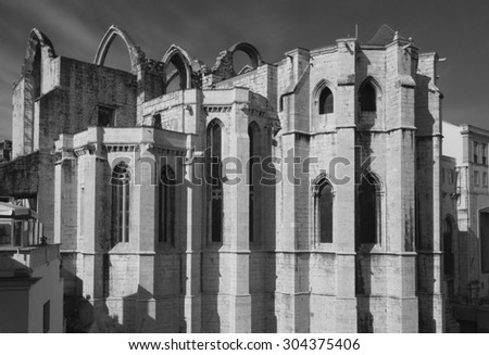 Overview of Convento do Carmo church in Lisbon, Portugal. Black and white