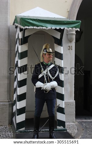 LISBON, POTUGAL - OCTOBER 24 2014: Guard smiling in front of the National Republican Guard in Lisbon