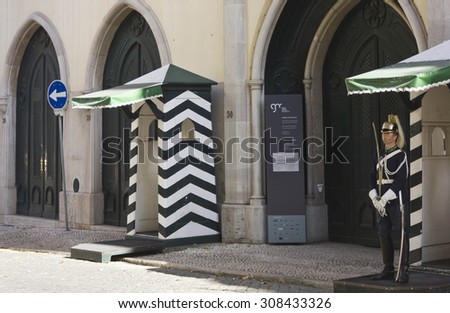 LISBON, PORTUGAL - OCTOBER 25 2014: Guard in front of the entrance of  Portuguese National Republican Guard in Lisbon