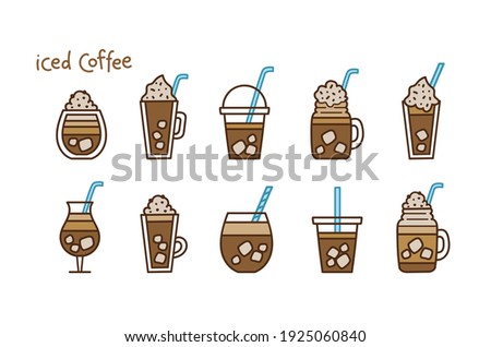 Different types of iced coffee in mugs and glassed tumblers. Vector illustration set in doodle style. Hand-drawn colored elements isolated on white background for menu, advert or print. 