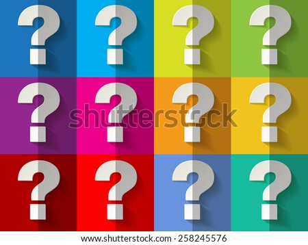 White paper question marks on checkered colorful pattern background 