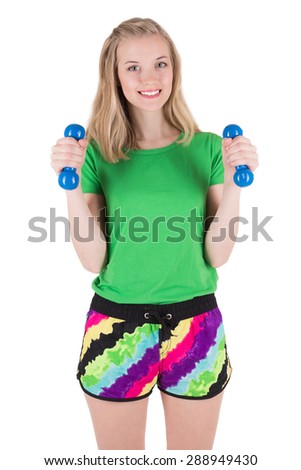 Blond woman doing exercise with the blue dumbbells in sportswear on white background.