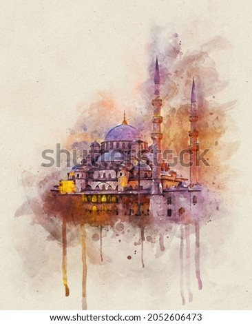Istanbul, Turkey,  painting. New mosque Yeni Cami from Galata Bridge, Eminőnȕ