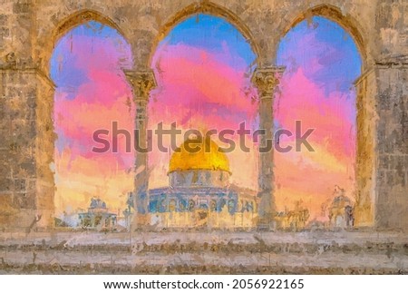 painting. Watercolor Al-Aqsa Mosque Dome of the Rock in the Old City - Jerusalem, Israel
