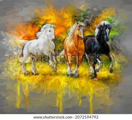 painting . Artistic drawing of a herd of Arabian horses
