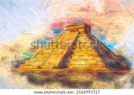 painting. The Mayan Pyramid of Mexico, Chichen Itza