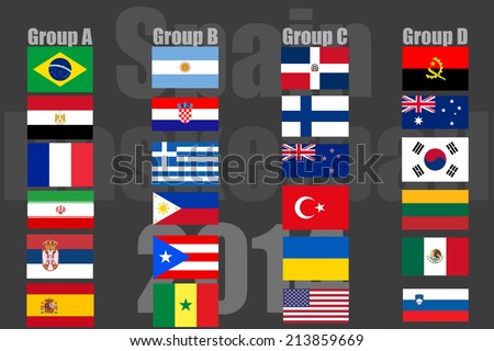 The National flags of countries that are competing in basketball in Spain sorted by group. On grey background