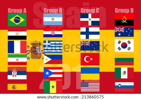 The National flags of countries that are competing in basketball in Spain sorted by group. On Spanish National Flag background