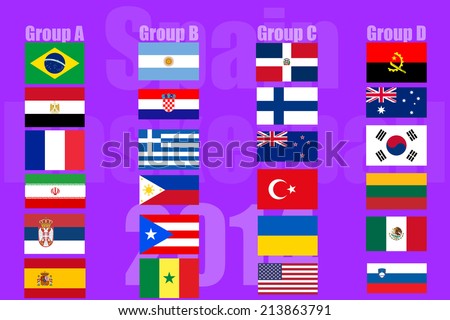 The National flags of countries that are competing in basketball in Spain sorted by group. On purple background