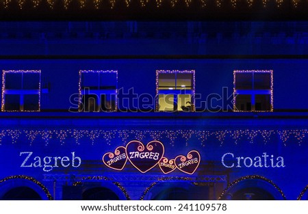 ZAGREB, CROATIA - DECEMBER 22, 2014:  Zagreb city logo in Christmas lights at farmers market Dolac. Dolac is famous open air farmer\'s market of agricultural products  one of city\'s notable landmarks.