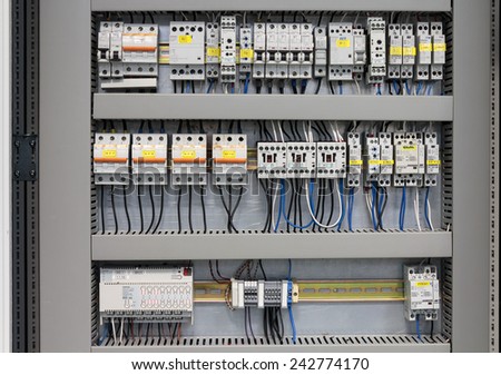 SAMOBOR, CROATIA - JANUARY 09, 2015: Cabinet with Siemens and Schrack electrical installations. Siemens and Schrack are one of the most known manufacturers of electrical installation and switches.