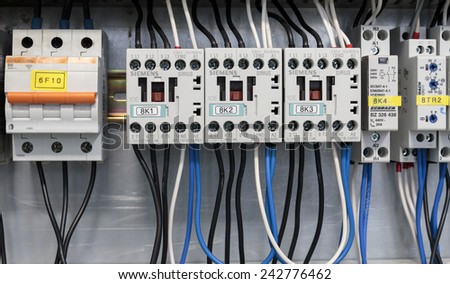 SAMOBOR, CROATIA - JANUARY 09, 2015: Cabinet with Siemens and Schrack electrical installations. Siemens and Schrack are one of the most known manufacturers of electrical installation and switches.