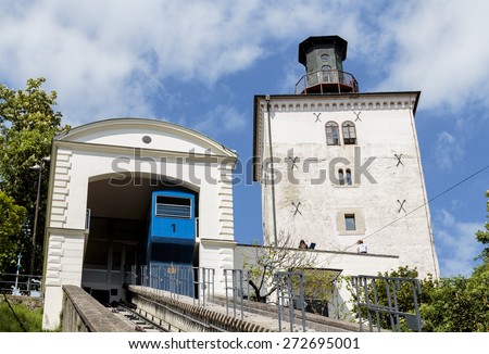 ZAGREB, CROATIA - APRIL 25, 2015: The Zagreb funicular is one of many tourist attractions in Zagreb, Croatia. It is one of the shortest funiculars in the world; the length of the track is 66 meters.