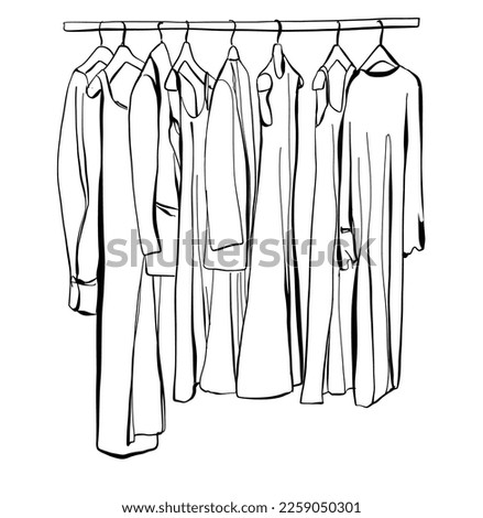 Hand drawn wardrobe sketch. Clothes on the hangers.